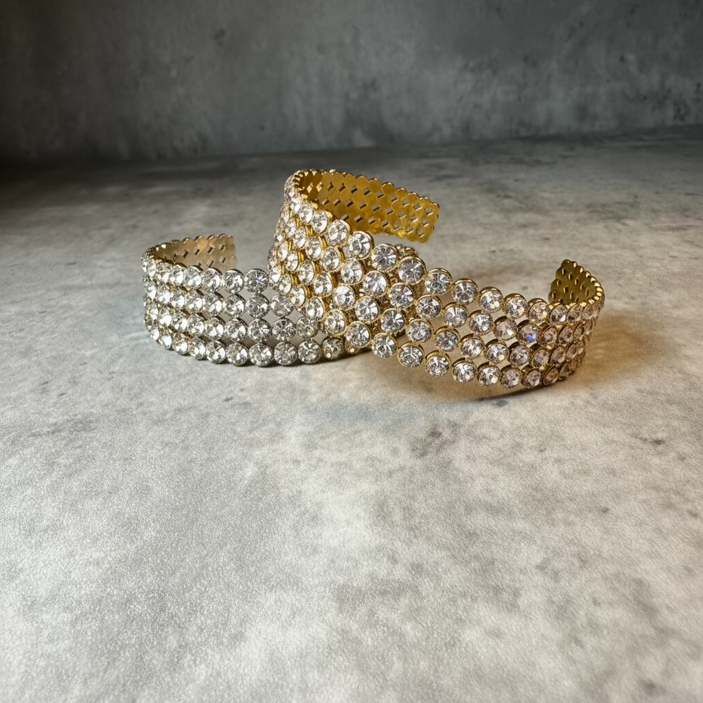 Gold-tone crystal cuff bracelet with hand-set clear crystals, handmade by LUXORI