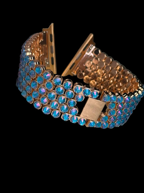 Capri blue crystal Apple Watch band on stainless steel, handmade by LUXORI