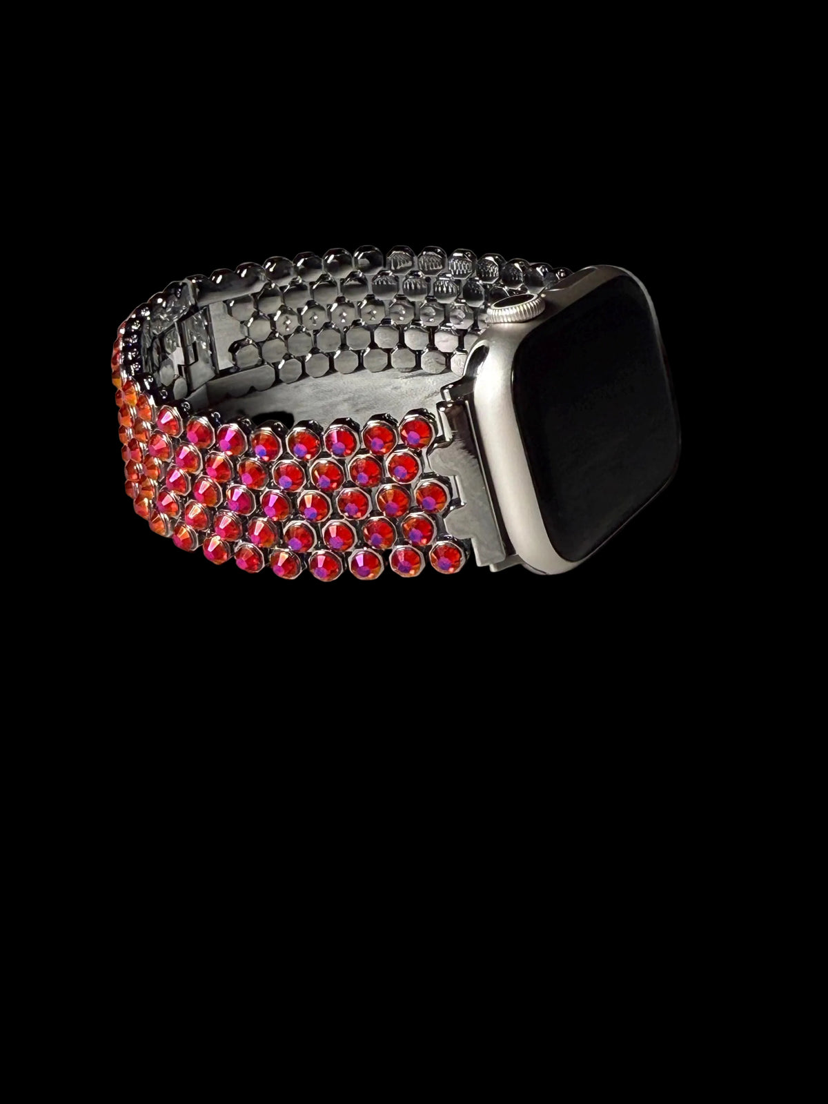 Magenta crystal Apple Watch band on stainless steel, handmade by LUXORI